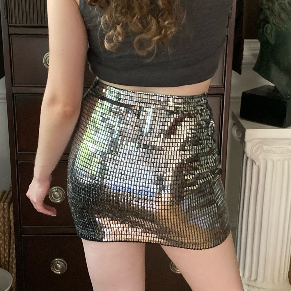 Mirrorball Disco Ball Mini Skirt, Metallic, Reflective, Size Medium, Glitzy